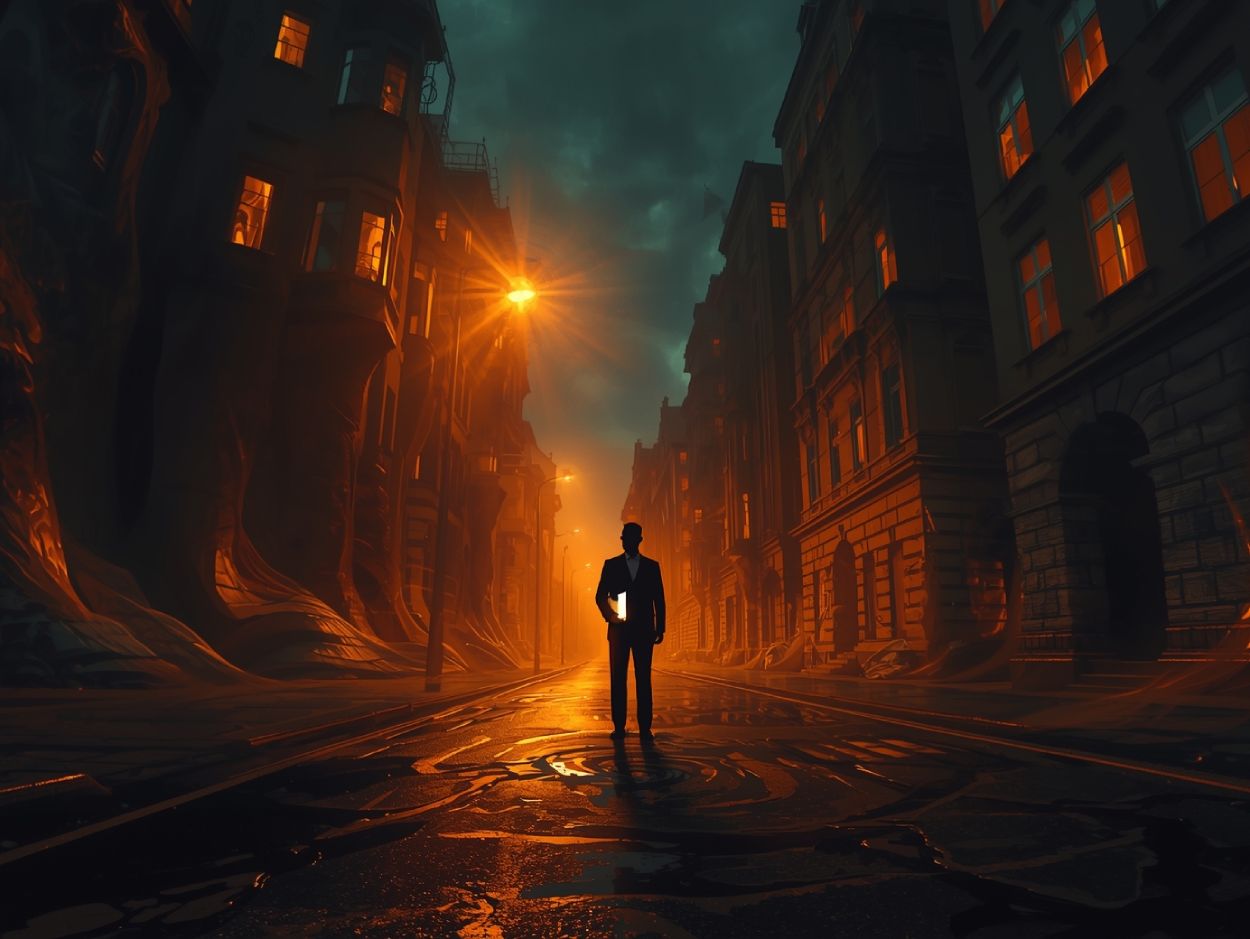 Ein nächtlicher Straßenzug verformt sich unter flackerndem Licht; Häuser wirken lebendig, während eine einsame Gestalt mit Aktenmappe im Schatten steht – satirische Darstellung des flackernden Stadtbilds als metaphysische Wahrnehmungsstörung.