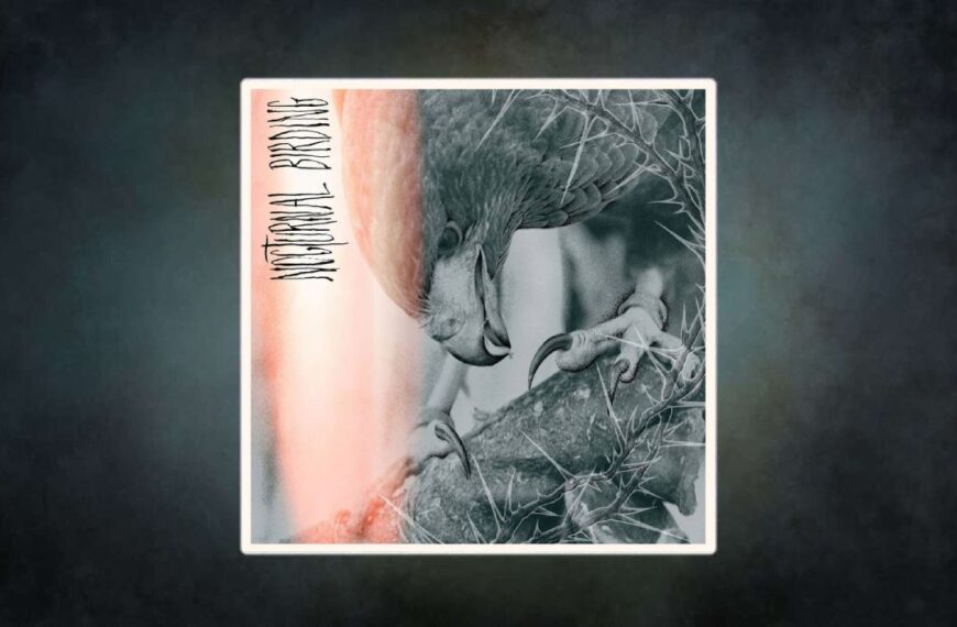 Düstere Nahaufnahme eines Vogels mit Dornenzweig – das Cover von Nocturnal Birding spiegelt Tristan Shones Verschmelzung von Natur und Maschine: animalisch, metallisch, apokalyptisch.