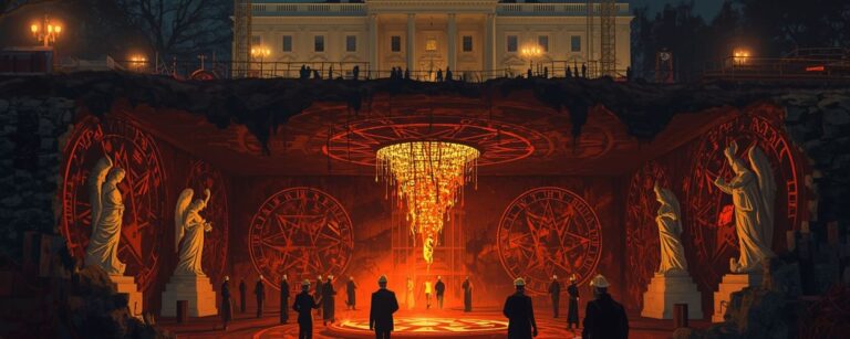 Satirische Szene unter dem Weißen Haus: Baukräne über der nächtlichen Baustelle, darunter ein gewaltiger unterirdischer Ballsaal mit brennenden Sigillen, Statuen und einem umgekehrten Kronleuchter. Bauarbeiter und Kultisten errichten gemeinsam den „Ballsaal der Verdammnis“.