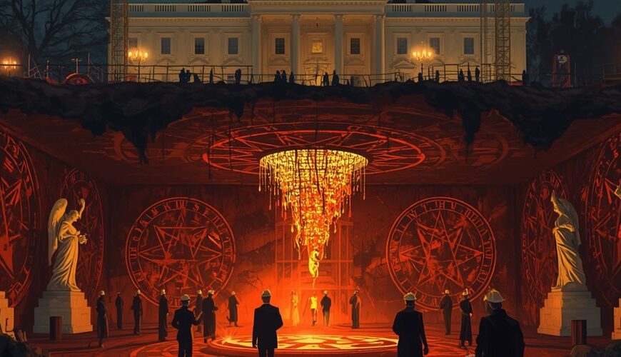Satirische Szene unter dem Weißen Haus: Baukräne über der nächtlichen Baustelle, darunter ein gewaltiger unterirdischer Ballsaal mit brennenden Sigillen, Statuen und einem umgekehrten Kronleuchter. Bauarbeiter und Kultisten errichten gemeinsam den „Ballsaal der Verdammnis“.