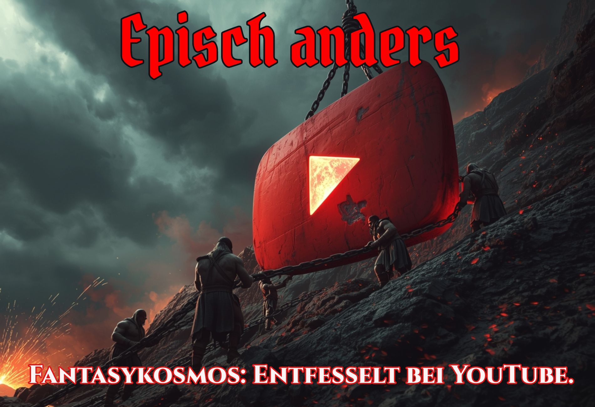 Orks ziehen ein gewaltiges YouTube Logo an Ketten einen Berg hinauf. Symbol für die Fantasykosmos Youtube Seite.