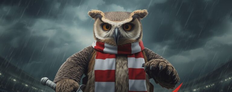 Barney Owl im Stadion: Maskottchen von Sheffield Wednesday trägt einen rot-weißen Schal der Blades und hält ein blutiges Schwert – Symbol für Verrat und dunkles Ritual.