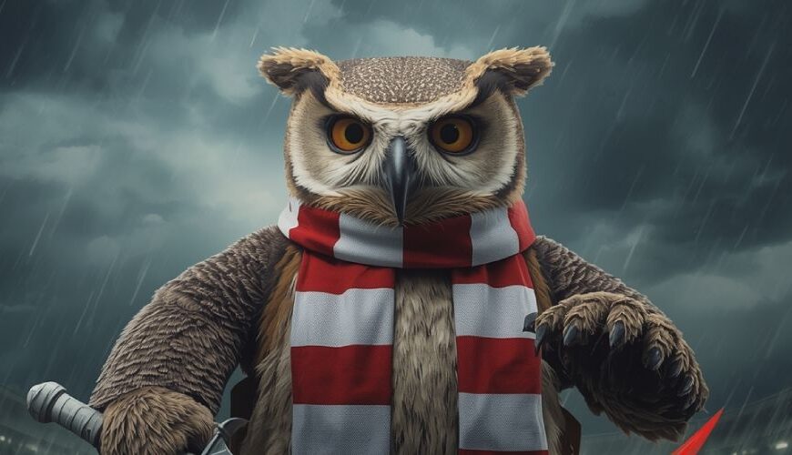 Barney Owl im Stadion: Maskottchen von Sheffield Wednesday trägt einen rot-weißen Schal der Blades und hält ein blutiges Schwert – Symbol für Verrat und dunkles Ritual.