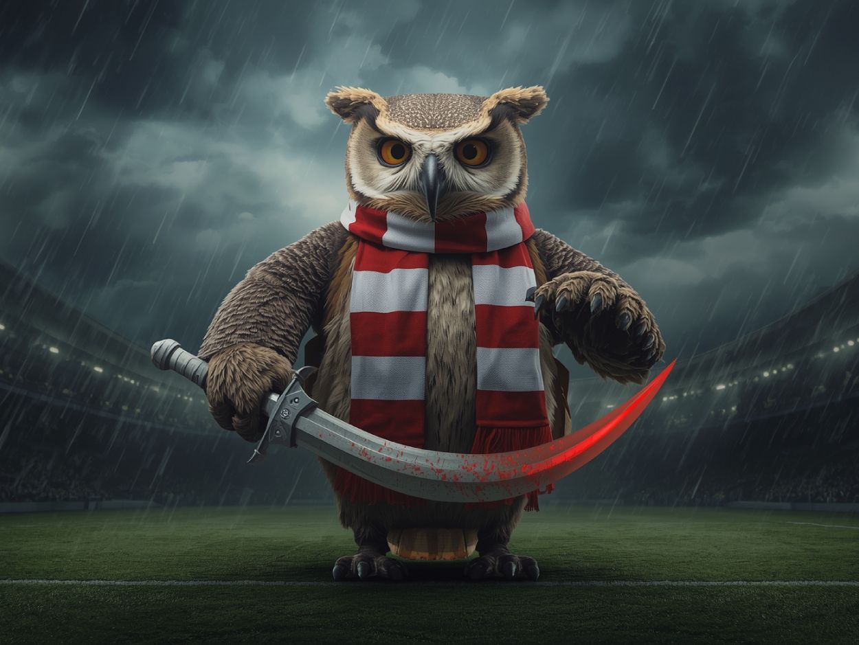 Barney Owl im Stadion: Maskottchen von Sheffield Wednesday trägt einen rot-weißen Schal der Blades und hält ein blutiges Schwert – Symbol für Verrat und dunkles Ritual.
