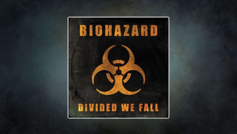 Albumcover Biohazard – Divided We Fall: schwarzer Hintergrund mit rostig-gelbem Biohazard-Symbol und kantiger Schrift, schlicht, industriell und bedrohlich
