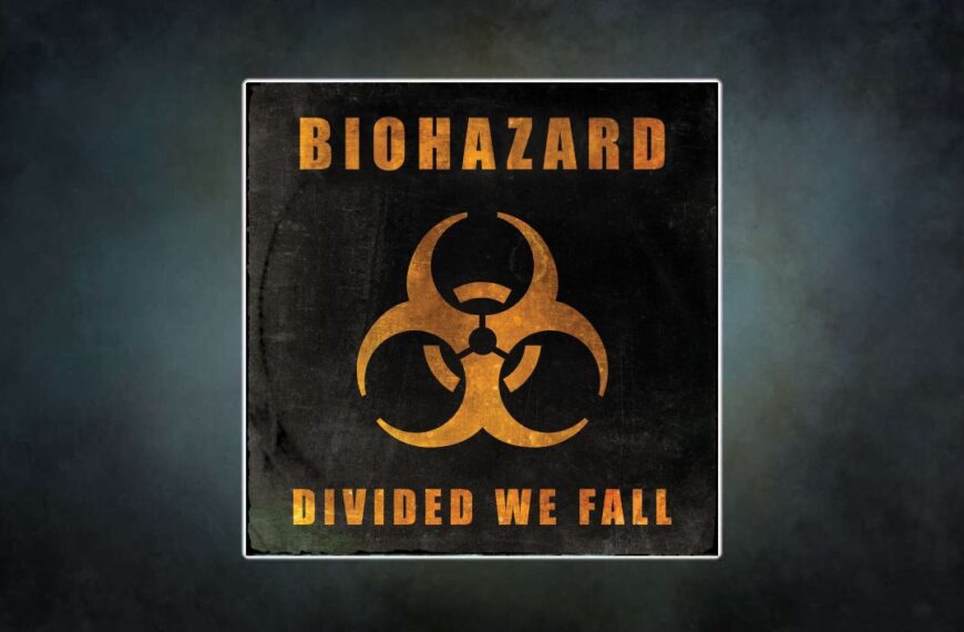 Albumcover Biohazard – Divided We Fall: schwarzer Hintergrund mit rostig-gelbem Biohazard-Symbol und kantiger Schrift, schlicht, industriell und bedrohlich