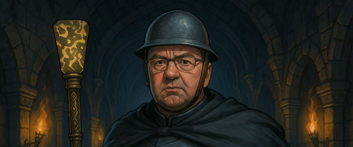 Boris Pistorius als Oberbefehlshaber der Zwischenreiche – in einem von Fackeln erleuchteten Steinflur, mit Stahlhelm, dunklem Mantel und leuchtendem Runenstab im Nebel der Zwischenreiche.