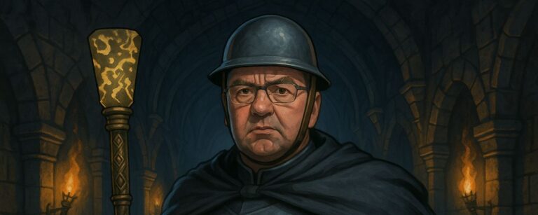 Boris Pistorius als Oberbefehlshaber der Zwischenreiche – in einem von Fackeln erleuchteten Steinflur, mit Stahlhelm, dunklem Mantel und leuchtendem Runenstab im Nebel der Zwischenreiche.