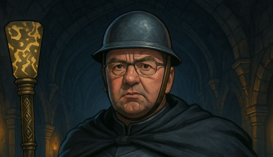 Boris Pistorius als Oberbefehlshaber der Zwischenreiche – in einem von Fackeln erleuchteten Steinflur, mit Stahlhelm, dunklem Mantel und leuchtendem Runenstab im Nebel der Zwischenreiche.