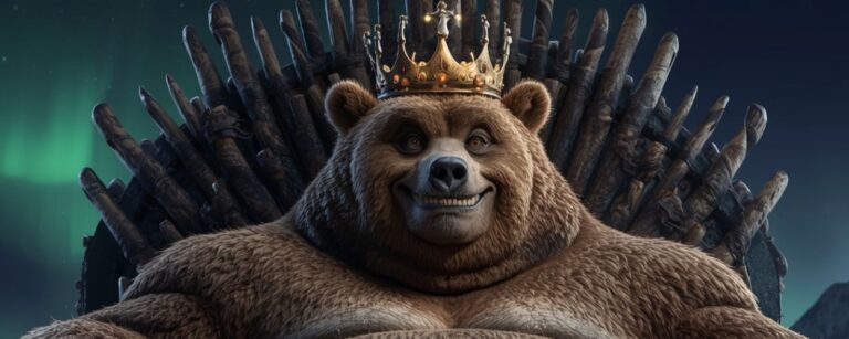 Ein grotesk dicker Braunbär mit goldener Krone sitzt wie ein König auf einem Thron aus Knochen und Fischgräten. In seiner Pranke hält er einen Lachs wie ein Zepter, während er mit dümmlichem Grinsen in die Ferne starrt. Hinter ihm leuchten die Nordlichter – episch und absurd zugleich.