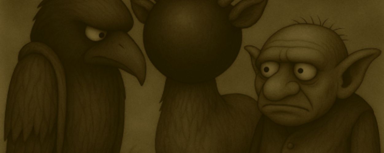 Sepia-Cartoon: Crowbah und Grabhold stehen neben einem Rehbock, dessen Kopf durch eine schwarze Cartoon-Bombe mit brennender Zündschnur ersetzt ist. Rauch steigt auf, die Stimmung ist absurd-bedrohlich.