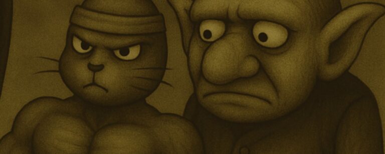 Sepiafarbener Cartoon: Crowbah und Grabhold schauen auf ein muskulöses Kaninchen mit Stirnband und Jogginghose. Das Karnickel steht in Bodybuilder-Pose und wirkt absurd selbstbewusst.