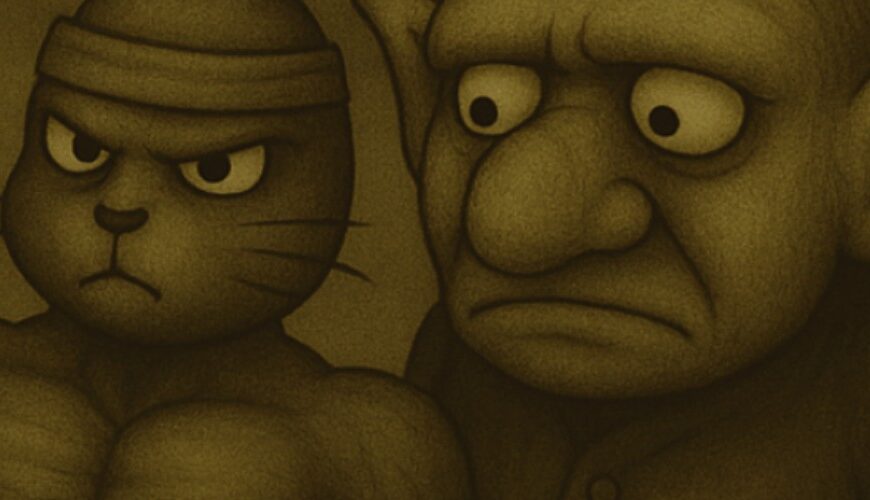 Sepiafarbener Cartoon: Crowbah und Grabhold schauen auf ein muskulöses Kaninchen mit Stirnband und Jogginghose. Das Karnickel steht in Bodybuilder-Pose und wirkt absurd selbstbewusst.