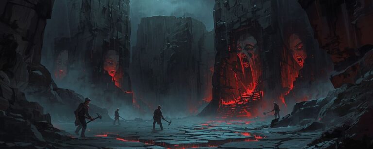 Düsterer Fantasy-Steinbruch: Vor gewaltigen schwarzen Felswänden stehen winzige Arbeiter, während im Gestein geisterhafte Gesichter aufleuchten. Risse durchziehen den Stein, in denen rotes Licht wie Blutadern pulsiert. Bedrohliche Stimmung, als wäre der Fels selbst lebendig.