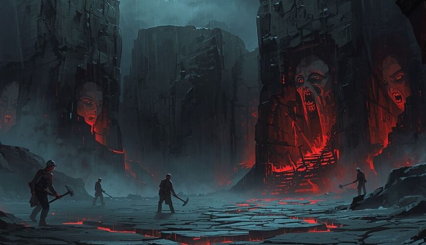 Düsterer Fantasy-Steinbruch: Vor gewaltigen schwarzen Felswänden stehen winzige Arbeiter, während im Gestein geisterhafte Gesichter aufleuchten. Risse durchziehen den Stein, in denen rotes Licht wie Blutadern pulsiert. Bedrohliche Stimmung, als wäre der Fels selbst lebendig.
