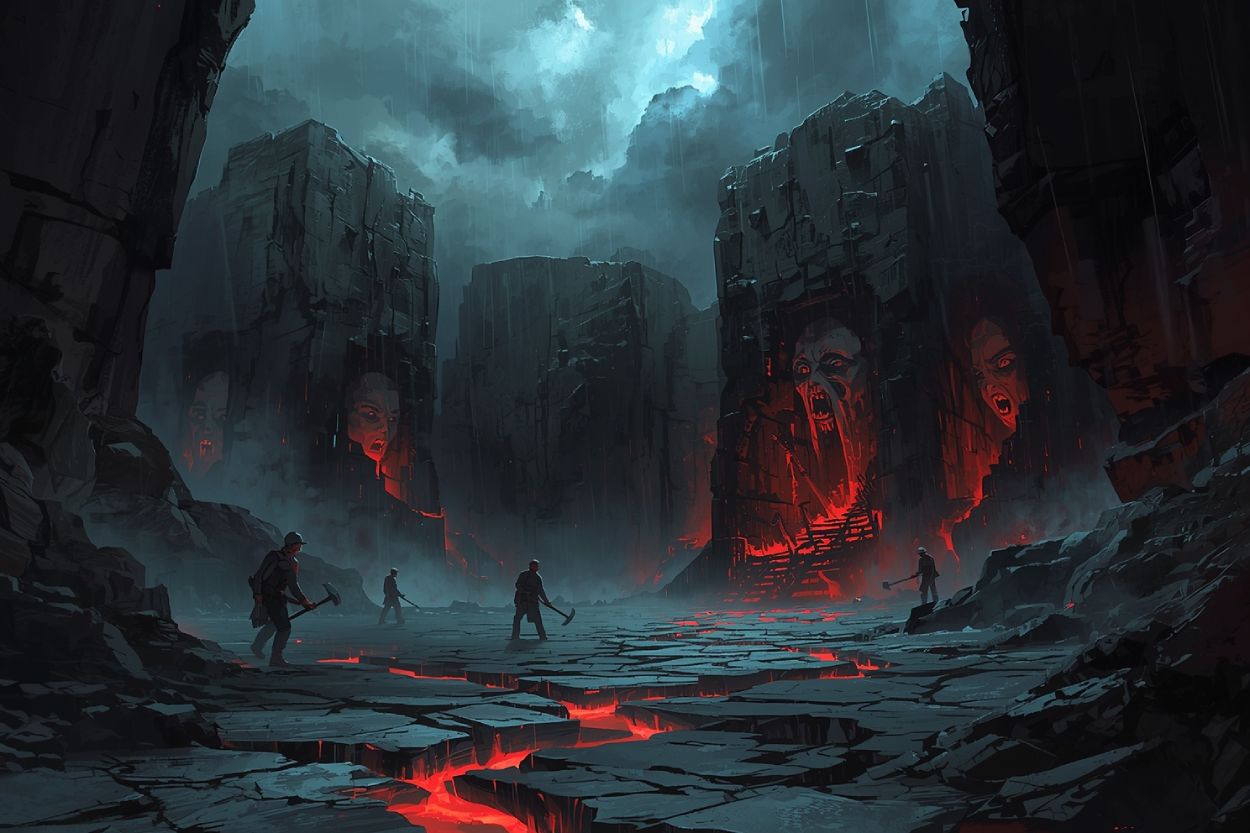 Düsterer Fantasy-Steinbruch: Vor gewaltigen schwarzen Felswänden stehen winzige Arbeiter, während im Gestein geisterhafte Gesichter aufleuchten. Risse durchziehen den Stein, in denen rotes Licht wie Blutadern pulsiert. Bedrohliche Stimmung, als wäre der Fels selbst lebendig.