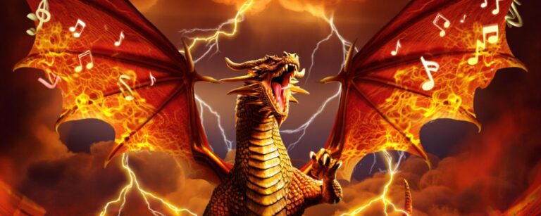 Ein gigantischer roter Drache erhebt sich über einer tobenden Konzertmenge, seine feurigen Flügel tragen leuchtende Notensymbole, während Blitze durch den Himmel zucken und Flammen die Bühne umhüllen.
