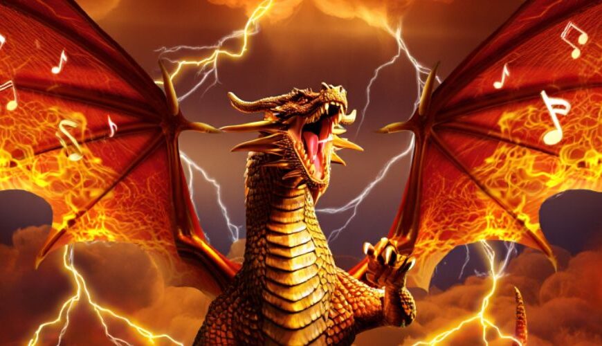 Ein gigantischer roter Drache erhebt sich über einer tobenden Konzertmenge, seine feurigen Flügel tragen leuchtende Notensymbole, während Blitze durch den Himmel zucken und Flammen die Bühne umhüllen.