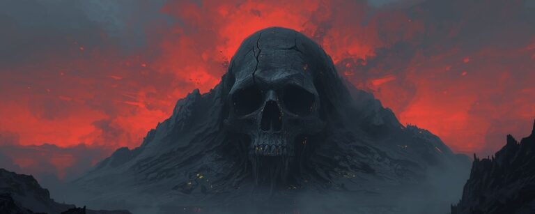 Blick auf den Schädelberg von Schwarzhafen vor glutrotem Himmel – Symbol für das Erwachen des Steins.