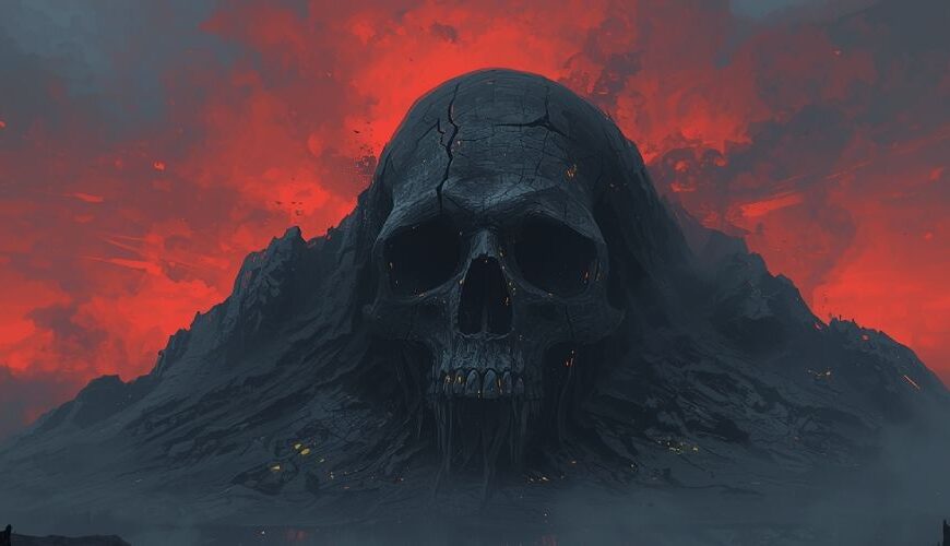 Blick auf den Schädelberg von Schwarzhafen vor glutrotem Himmel – Symbol für das Erwachen des Steins.