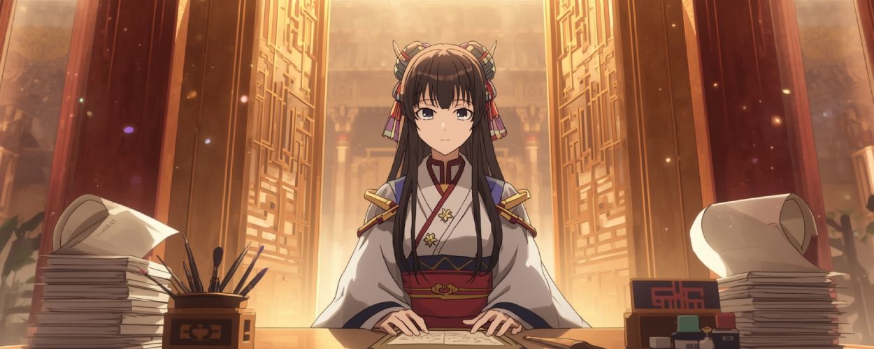 Anime-Teaserbild zu „Tale of the Scholar-Official Matsurika“: eine junge Palastbeamtin sitzt feierlich vor Bergen von Schriftrollen und Formularen, während goldenes Licht durch die Tore des Palastes strahlt – mehr Drama im Büro war nie.