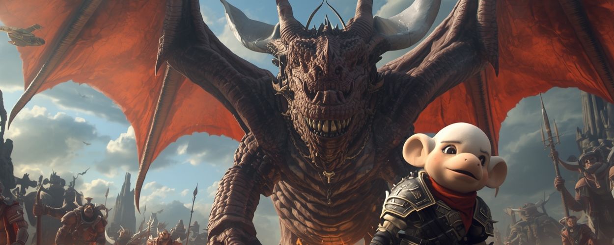 Ein winziger, gepanzerter Moogle aus Final Fantasy rennt unbeholfen vor einem gigantischen Rathalos-Drachen aus Monster Hunter davon, auf einem dramatischen Fantasy-Schlachtfeld – satirische Crossover-Parodie.