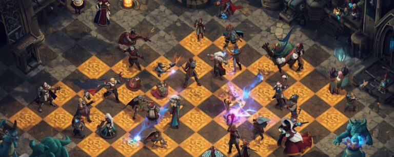 Isometrisches Schlachtfeld in Final Fantasy Tactics – The Ivalice Chronicles: Ritter, Magier und Monster kämpfen auf einem leuchtenden Rasterfeld in epischer Taktik-Optik.