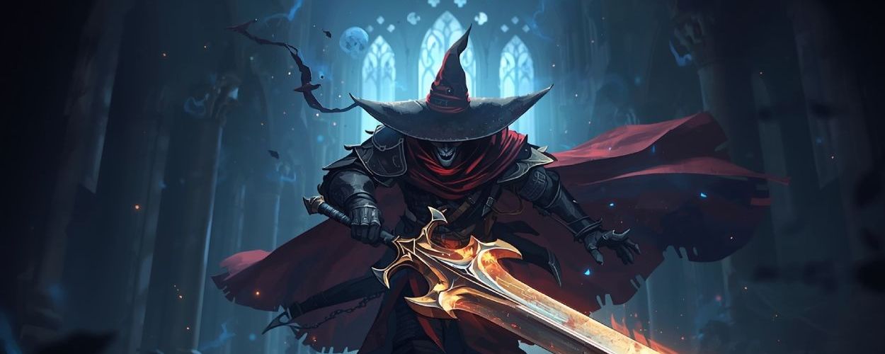 Ein finsterer Krieger mit breitkrempigem Hut und rotem Mantel schwingt ein leuchtendes Schwert in einer zerstörten Kathedrale – Szene aus dem Actionspiel Ghost Vanguard.