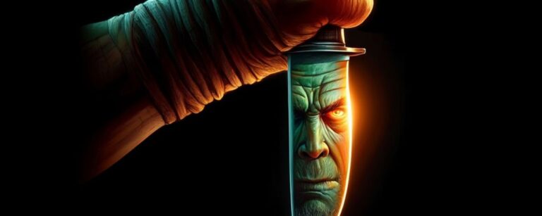 Ein finsteres Halloween-Cover mit schwarzem Hintergrund und einem dümmlich-bösen Orkgesicht, das im Licht eines Messers schimmert.