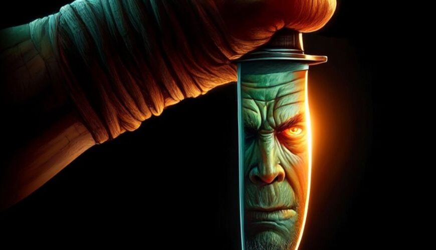 Ein finsteres Halloween-Cover mit schwarzem Hintergrund und einem dümmlich-bösen Orkgesicht, das im Licht eines Messers schimmert.