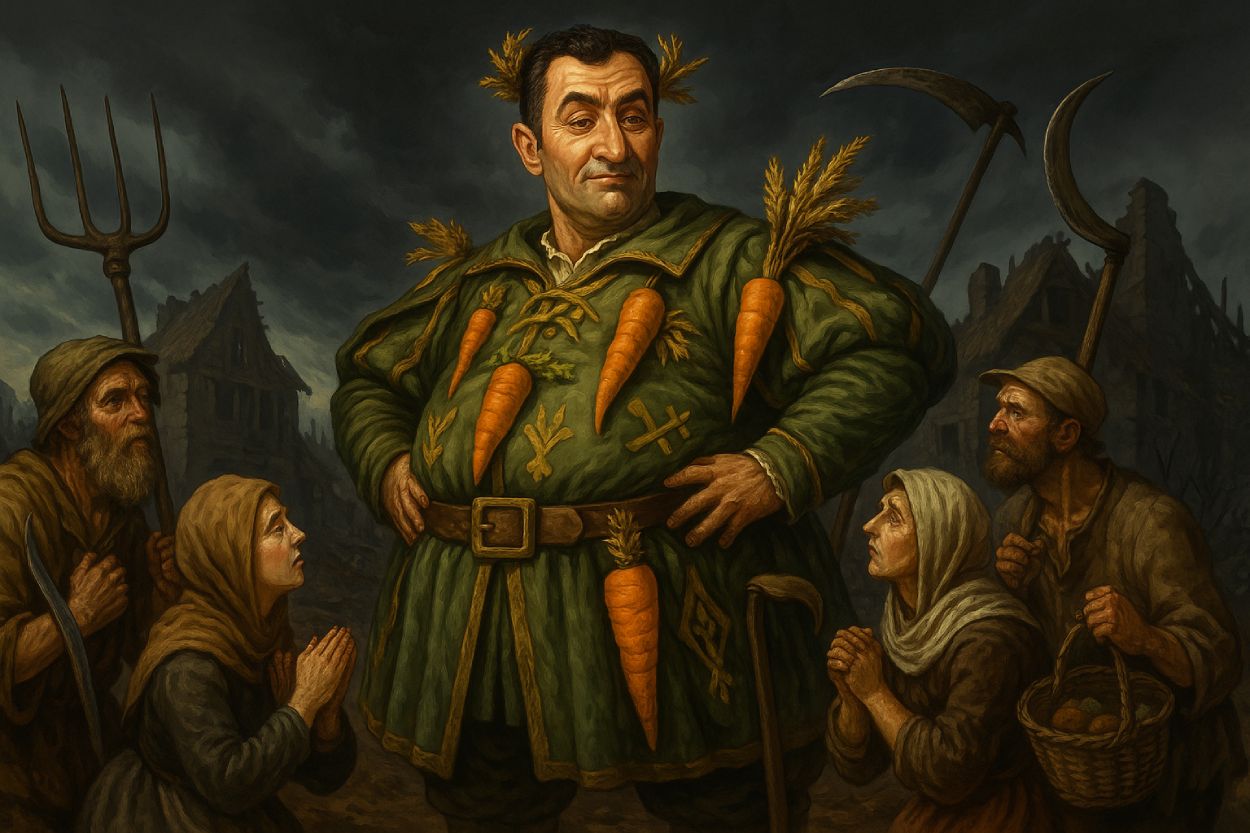 Satirische Darstellung von Cem Özdemir als pompöser mittelalterlicher Landjunker in grünen Gewändern mit Karottenaccessoires. Um ihn knien Bauern mit Sensen und Körben, im Hintergrund ein zerstörtes Dorf unter düsterem Himmel.