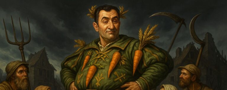 Satirische Darstellung von Cem Özdemir als pompöser mittelalterlicher Landjunker in grünen Gewändern mit Karottenaccessoires. Um ihn knien Bauern mit Sensen und Körben, im Hintergrund ein zerstörtes Dorf unter düsterem Himmel.