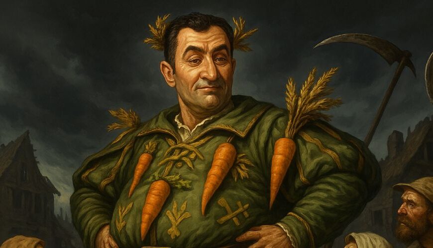 Satirische Darstellung von Cem Özdemir als pompöser mittelalterlicher Landjunker in grünen Gewändern mit Karottenaccessoires. Um ihn knien Bauern mit Sensen und Körben, im Hintergrund ein zerstörtes Dorf unter düsterem Himmel.