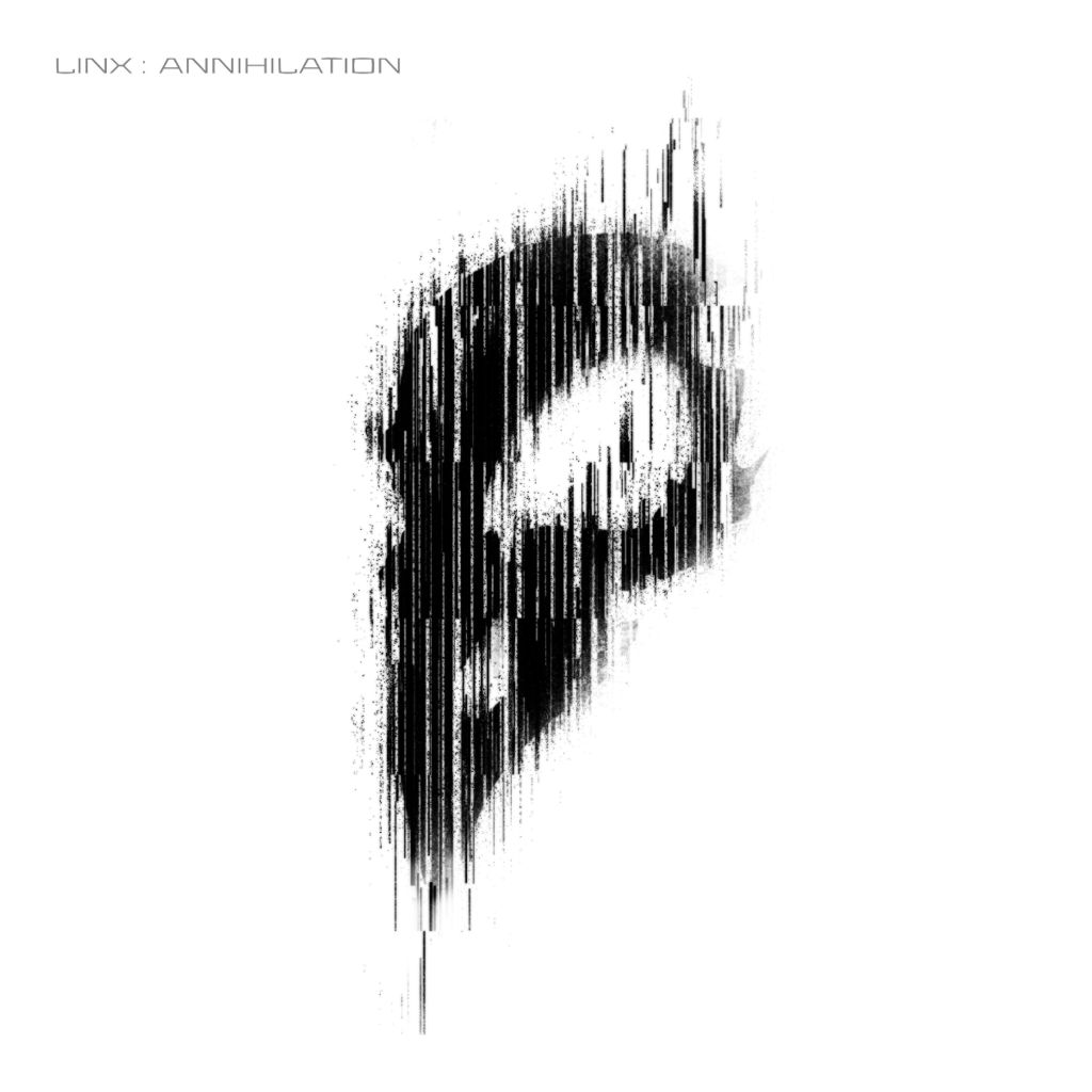 Albumcover LINX – Annihilation: stilisierter schwarzer Totenkopf aus vertikal verlaufenden Linien und digitalen Glitch-Streifen auf weißem Hintergrund
