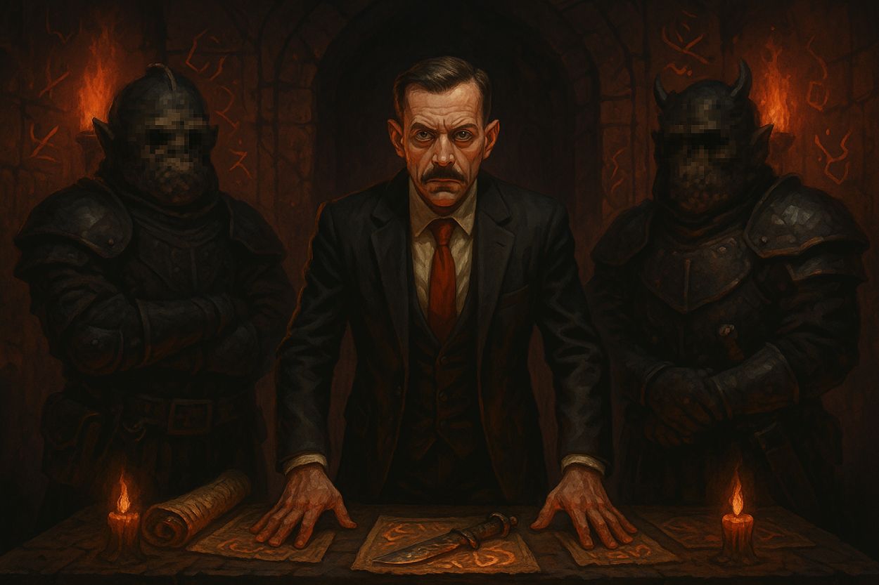 Satirische Illustration: Ein düsterer Gerichtssaal als Ritualhalle. In der Mitte steht der Rene Benko im schwarzen Anzug mit roter Krawatte, ausgemergelt, mit finsterem Blick und Oberlippenbart. Links und rechts wachen zwei gigantische Orks in schwarzer Rüstung, ihre Gesichter durch einen Bann verpixelt. Auf dem Tisch vor ihm liegen leuchtende Runenrollen und ein Ritualdolch. Die Wände sind mit unheilvollen Zeichen übersät, Fackeln werfen rotes Licht – ein Tribunal der Schatten.