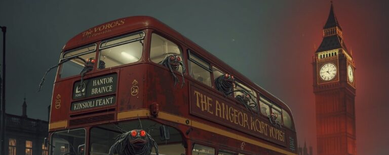 Satirische Illustration: Ein roter Londoner Doppeldecker, von grotesken Schaben mit glühenden Augen befallen. Kultisten knien auf der Straße, während Big Ben im roten Bannnebel aufragt. Der Moosverhetzer enthüllt: Die roten Busse sind rollende Altäre des Schabenpakts.