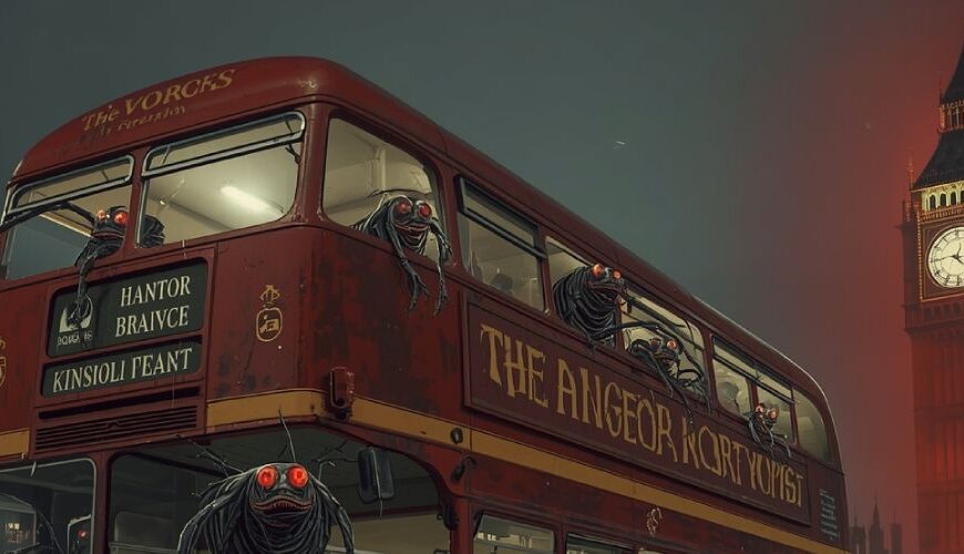 Satirische Illustration: Ein roter Londoner Doppeldecker, von grotesken Schaben mit glühenden Augen befallen. Kultisten knien auf der Straße, während Big Ben im roten Bannnebel aufragt. Der Moosverhetzer enthüllt: Die roten Busse sind rollende Altäre des Schabenpakts.