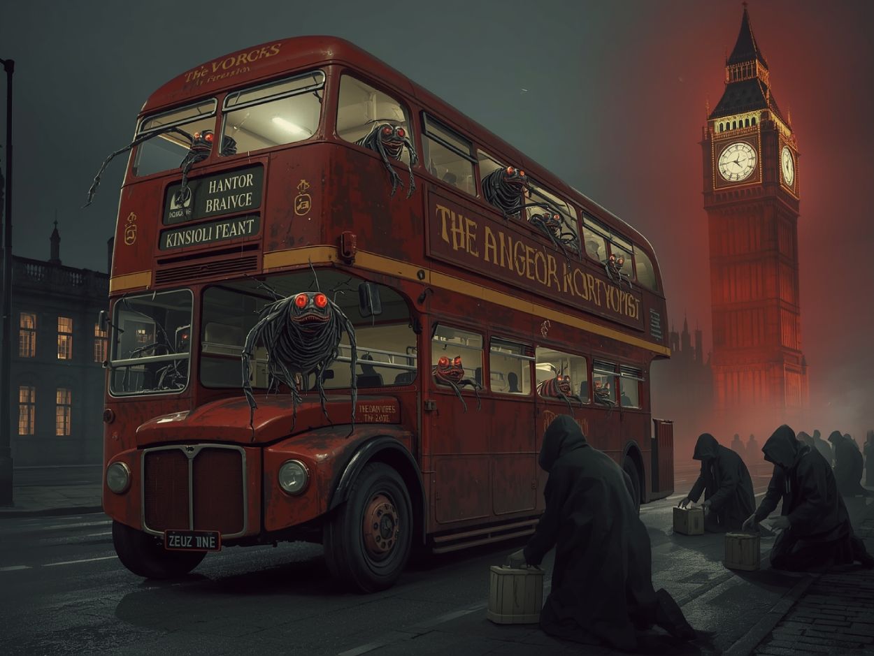 Satirische Illustration: Ein roter Londoner Doppeldecker, von grotesken Schaben mit glühenden Augen befallen. Kultisten knien auf der Straße, während Big Ben im roten Bannnebel aufragt. Der Moosverhetzer enthüllt: Die roten Busse sind rollende Altäre des Schabenpakts.