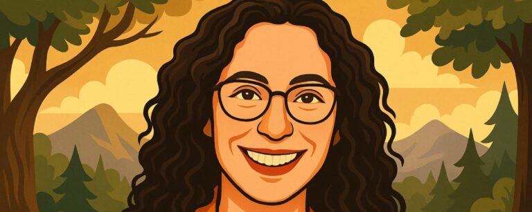 Porträt der Fantasy-Autorin Naomi Novik in warmem, stilisiertem Cartoon-Stil. Sie trägt Brille und braune Jacke, steht vor einem bewaldeten Hintergrund mit dunklem Schloss, Bergen und goldener Abendstimmung.