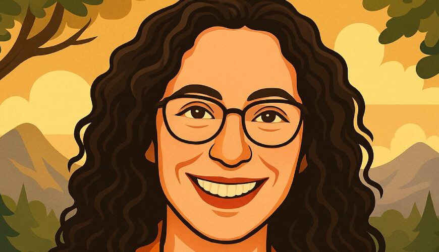 Porträt der Fantasy-Autorin Naomi Novik in warmem, stilisiertem Cartoon-Stil. Sie trägt Brille und braune Jacke, steht vor einem bewaldeten Hintergrund mit dunklem Schloss, Bergen und goldener Abendstimmung.