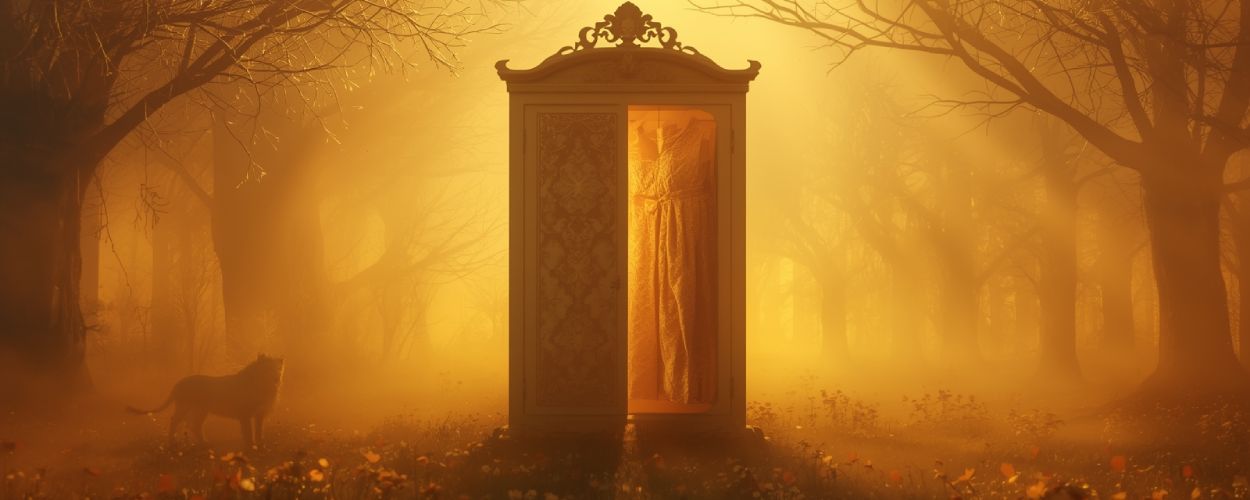 Symbolische Szene aus der neuen Narnia-Neuverfilmung: ein goldglühender Kleiderschrank im Morgennebel, Aslans Silhouette im Hintergrund