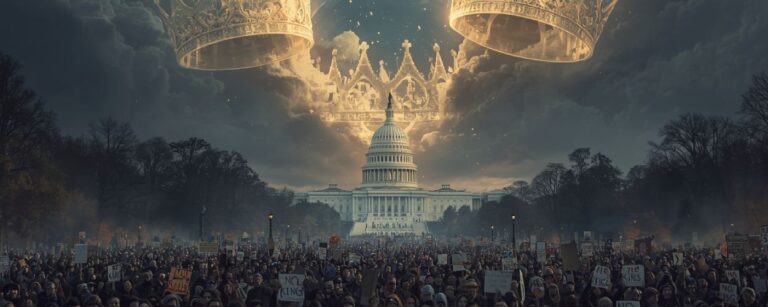 Photorealistische satirische Montage: Eine riesige Menge demonstriert in Washington mit ‚No Kings‘-Schildern. Über dem Kapitol erscheinen geisterhafte goldene Kronen am Himmel, die zu zerbrechen drohen.