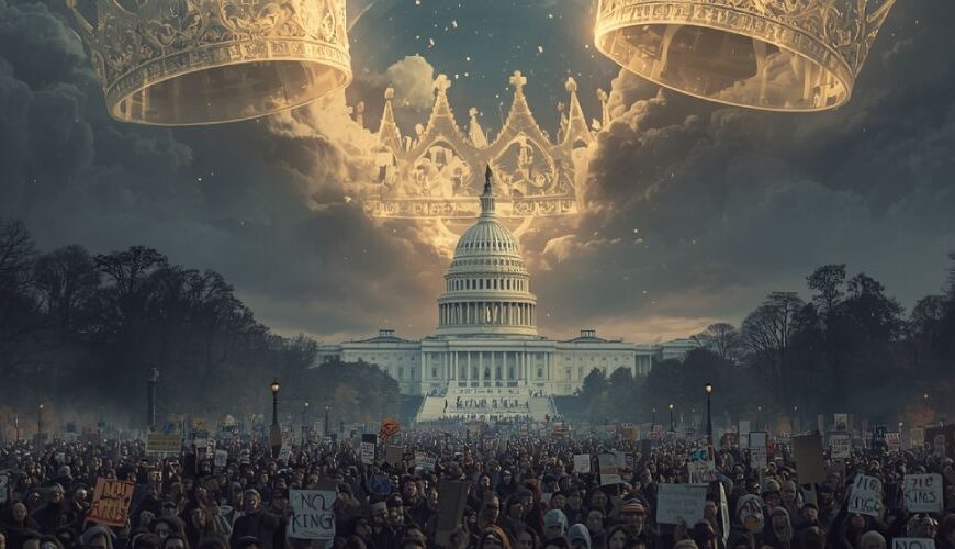 Photorealistische satirische Montage: Eine riesige Menge demonstriert in Washington mit ‚No Kings‘-Schildern. Über dem Kapitol erscheinen geisterhafte goldene Kronen am Himmel, die zu zerbrechen drohen.