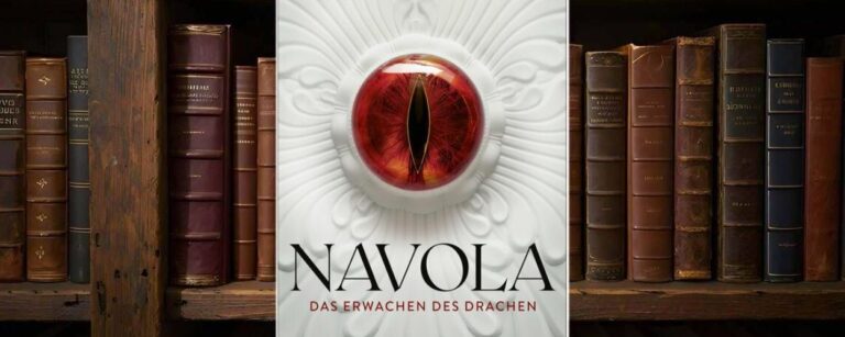 Buchcover von Navola – Das Erwachen des Drachen von Paolo Bacigalupi. Im Zentrum ein großes, rotes Drachenauge mit schwarzer, senkrechter Pupille, eingefasst in ein weiß ornamentiertes Relief. Titel in schwarzer Schrift darunter, Untertitel in Rot. Verlag TOR.