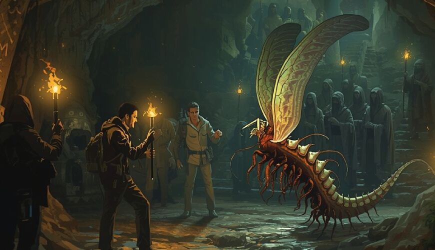 Forscher entdecken in der Pha-Daeng-Höhle eine biolumineszente, drachenähnliche Kreatur mit Flügeln und Stacheln, während im Hintergrund Mönche des Schuppenordens uralte Beschwörungen vollführen – eine satirische Darstellung der sogenannten Schuppenliturgie von Thailand.
