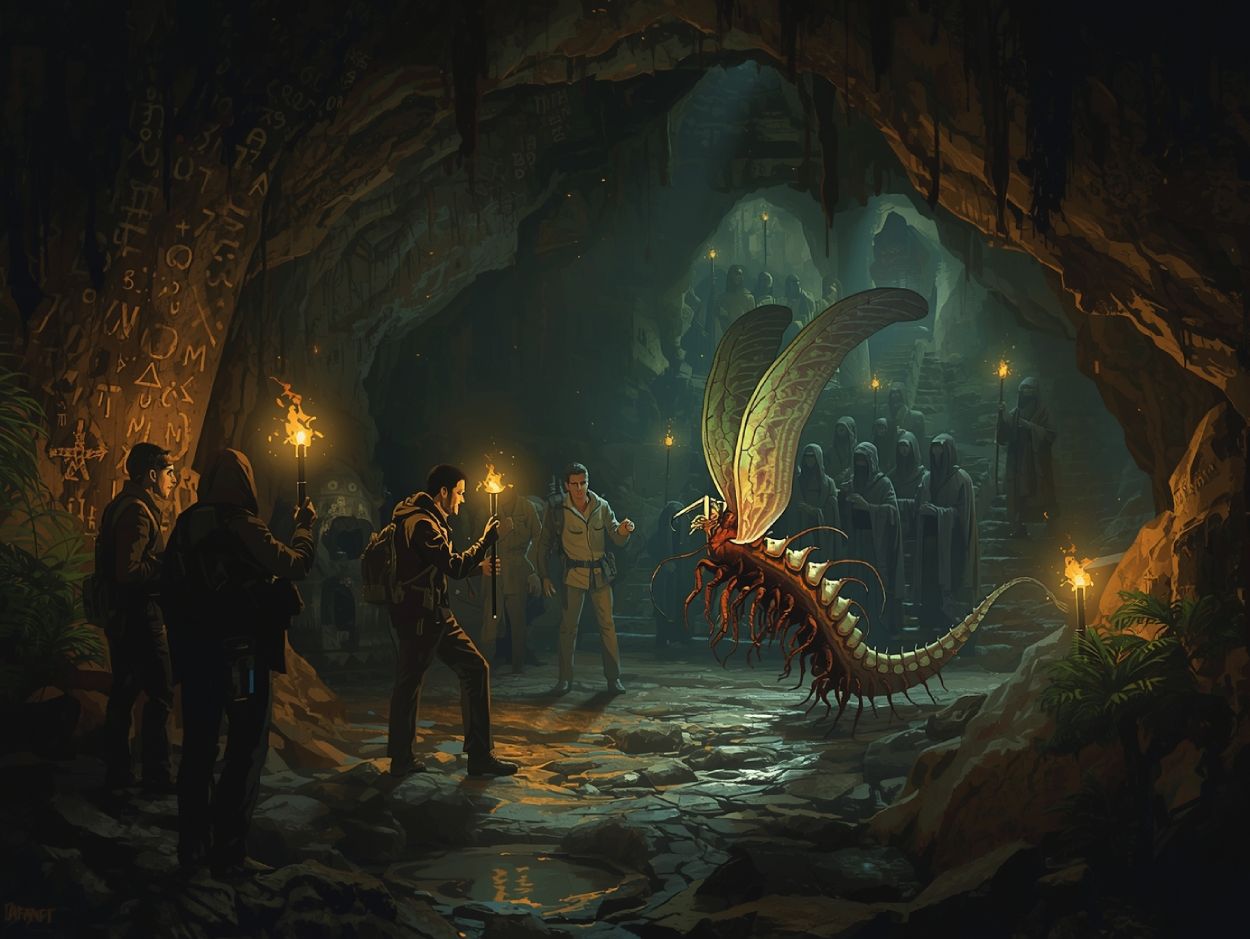 Forscher entdecken in der Pha-Daeng-Höhle eine biolumineszente, drachenähnliche Kreatur mit Flügeln und Stacheln, während im Hintergrund Mönche des Schuppenordens uralte Beschwörungen vollführen – eine satirische Darstellung der sogenannten Schuppenliturgie von Thailand.