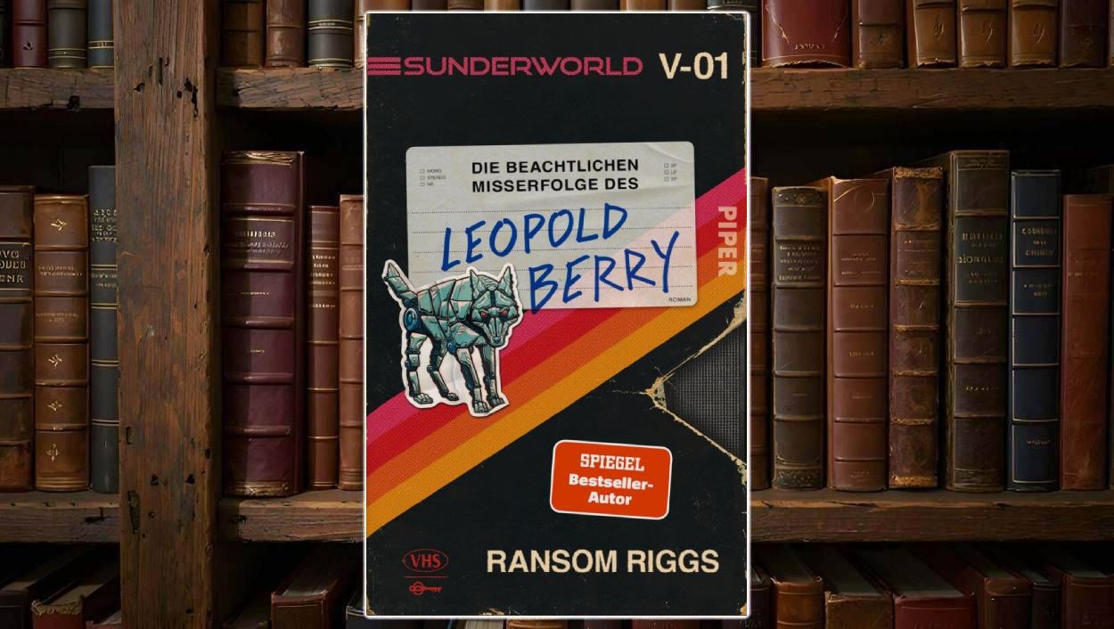 Cover von Sunderworld – Die beachtlichen Misserfolge des Leopold Berry von Ransom Riggs: gestaltet wie eine abgenutzte VHS-Hülle mit Retro-Streifen in Orange und Rot, handschriftlichem Namensschriftzug und Aufkleber eines mechanischen Hundes.