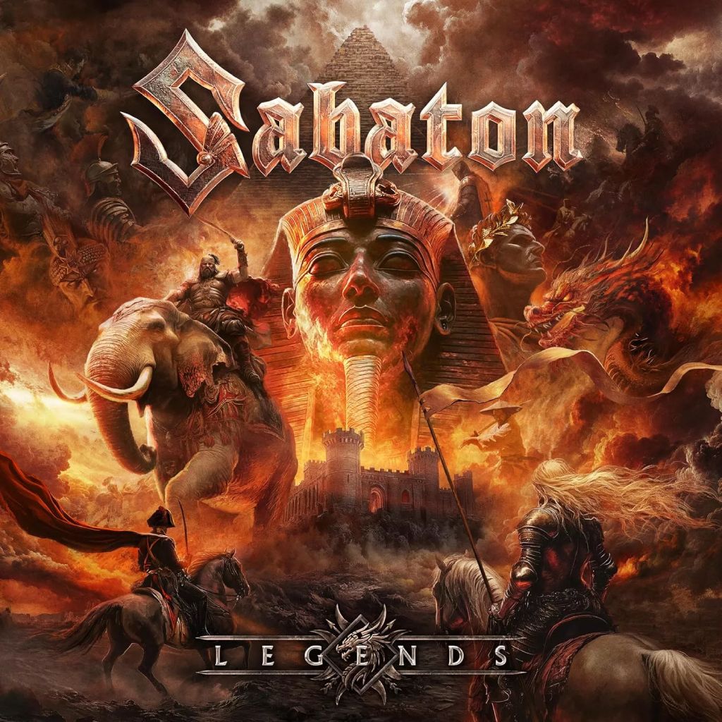 Albumcover Sabaton – Legends: monumentales Fantasy-Artwork mit Pharaonen-Kopf, Elefant, Drachen und antiken Kriegern in brennender Landschaft, darüber das Sabaton-Logo in Metalloptik