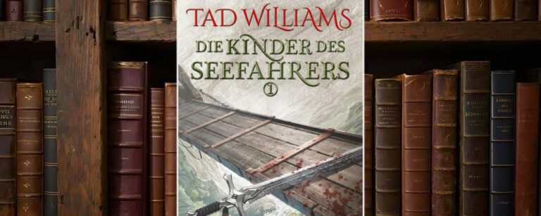 Buchcover von „Die Kinder des Seefahrers 1“: eine hölzerne Brücke über grünen Abgründen, darauf ein blutbeflecktes Schwert mit dunklem Griff. Darüber der Titel in Rot und Grün, im Hintergrund neblige Felsen – Symbol für das Ende einer großen Reise.