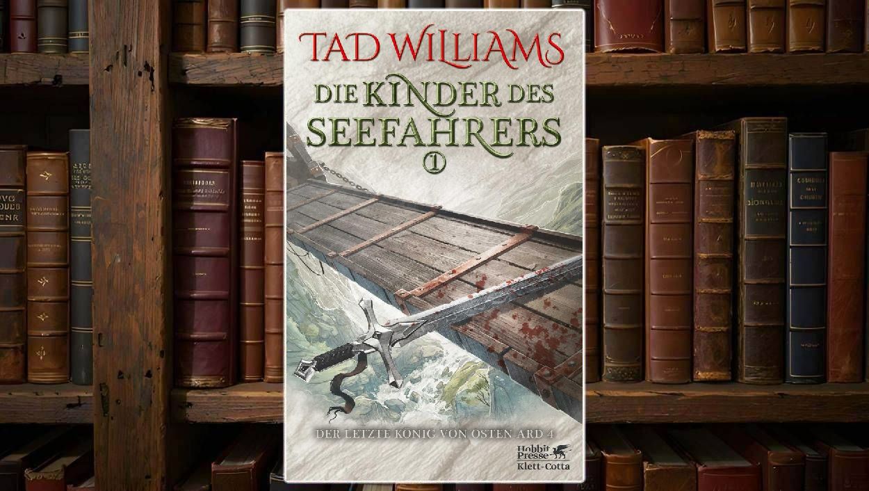 Buchcover von „Die Kinder des Seefahrers 1“: eine hölzerne Brücke über grünen Abgründen, darauf ein blutbeflecktes Schwert mit dunklem Griff. Darüber der Titel in Rot und Grün, im Hintergrund neblige Felsen – Symbol für das Ende einer großen Reise.